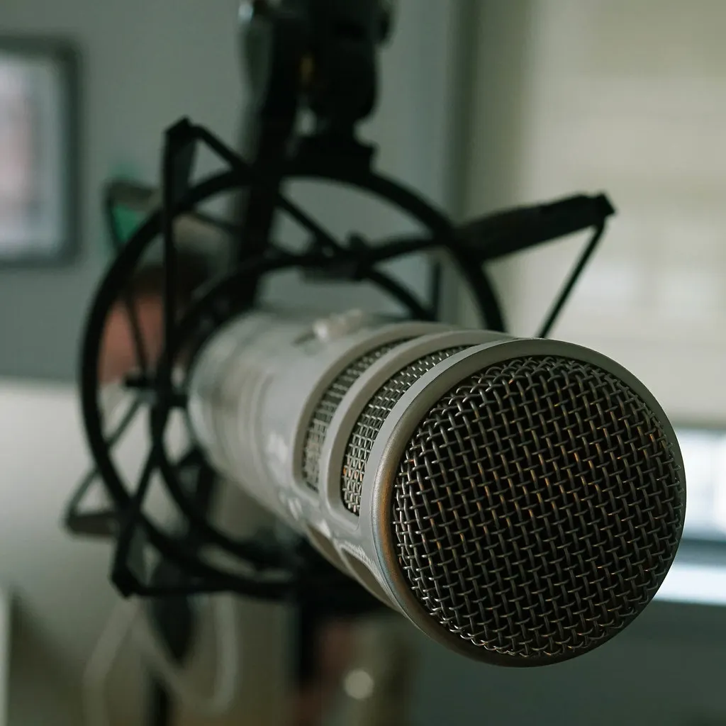 Twee mensen in gesprek achter microfoons in een podcaststudio